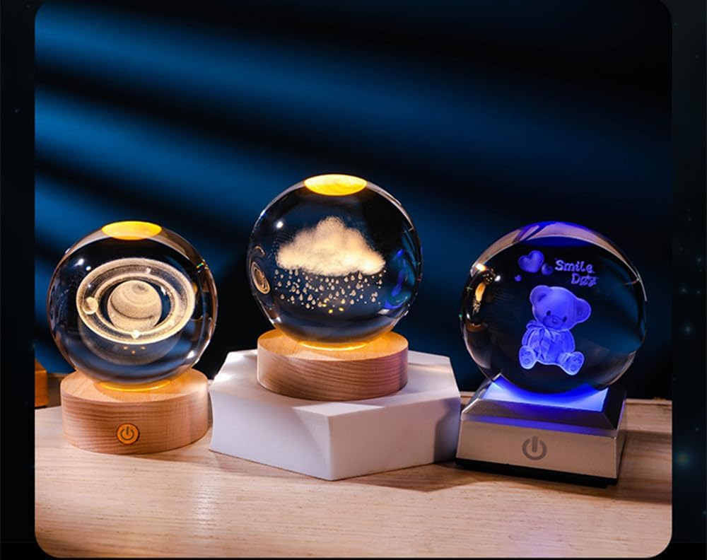 Lámpara LED Bola de Cristal con Base de Madera de Haya